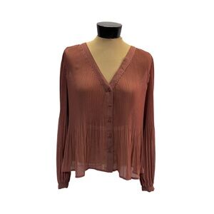 Express Womens Long Sleeve Sheer Pleated Button Front V-neck Top Size S Brown